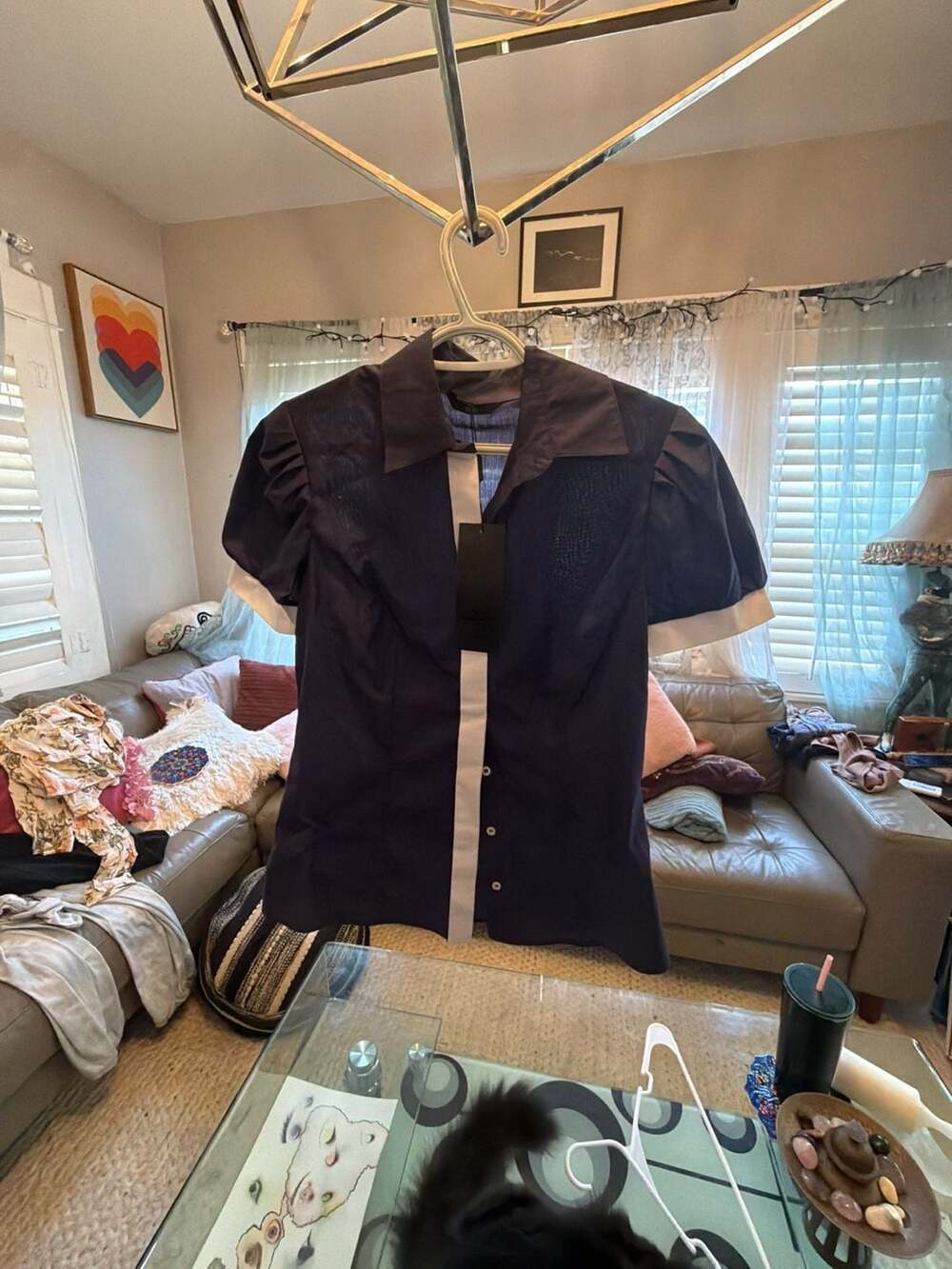 Nife Navy Short Sleeve Button-Down Blouse with Contrast White Detailing